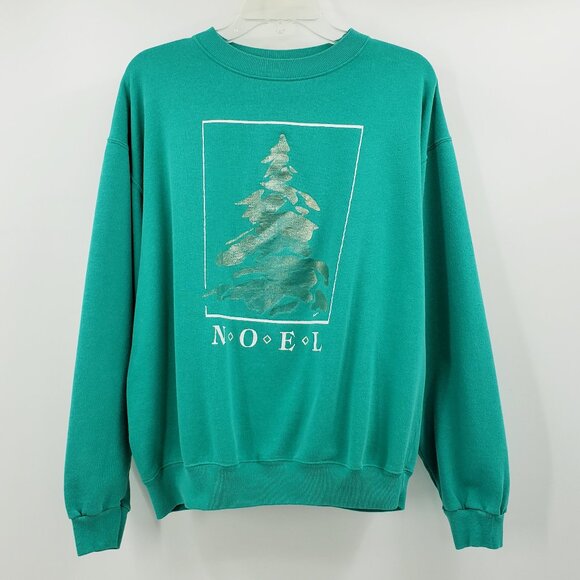 Vintage Holiday Sweatshirt XL Noel Spellout Christmas Tree Graphic Made In USA - Picture 1 of 6